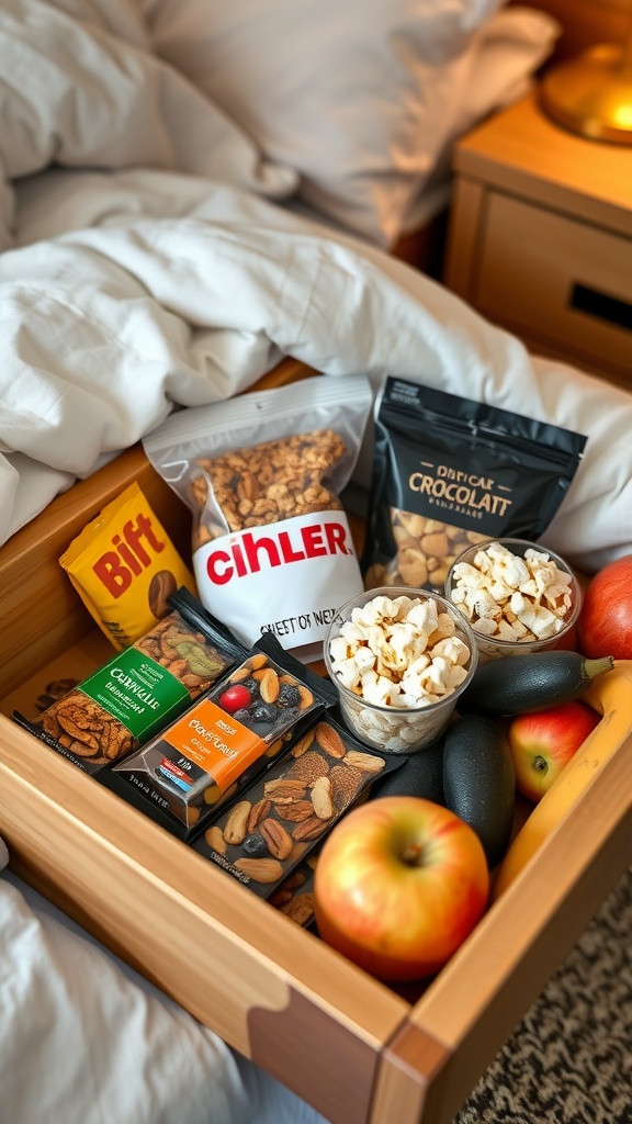 A well-organized snack drawer in a bedroom showcasing a variety of snacks including granola bars, nuts, dried fruits, and popcorn.
